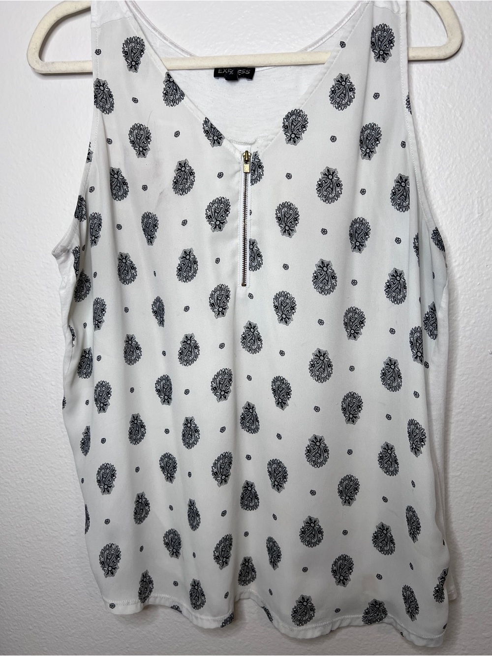 Express  White Tank Top with Black Paisley Print and Front Zip